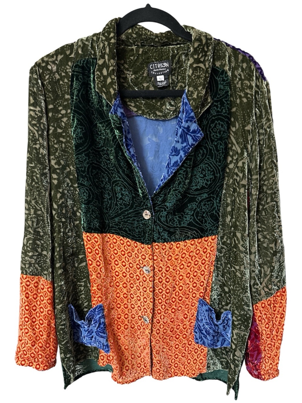 Citron Santa Monica Mixed Velvet Patchwork Blouse Jacket Devoré Silk Boho Large